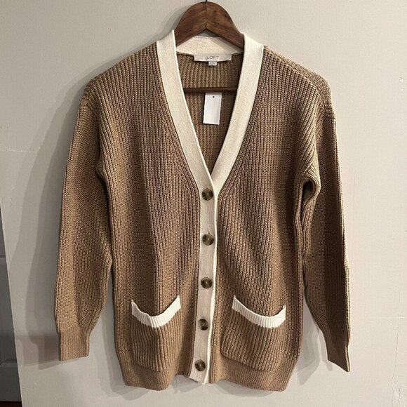 LOFT Women's Tan & Ivory Trim Button Down Tipped Boyfriend Cardigan Size XS NEW - Picture 1 of 6